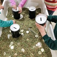 Sensory Table Treasure Hunt! 🍀 Place gold coins and piggy banks in the sensory table. Encourage students to count the coins as they find them and slide them into the coin slots. For extra fine motor practice, add spring-loaded tongs for students to grip the coins! These are dried peas - perfect to use when celebrating St. Patrick's Day! 🍀 Would you like a link to more St. Patrick's Day activities? Comment "PLAY" if you do! 🍀 https://www.teacherspayteachers.com/Store/Play-To-Learn-Preschool...