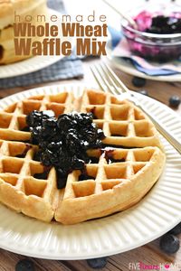 Homemade Whole Wheat Waffle Mix ~ an economical pantry staple for conveniently whipping up fluffy, all-natural, 100% whole wheat waffles! | FiveHeartHome.com