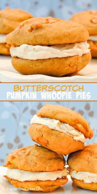 Butterscotch Pumpkin Whoopie Pies - a salted caramel frosting makes these sweet homemade pumpkin cookies taste incredible. Great recipe to make for fall parties. #cookies #pumpkin #whoopiepies #butterscotch #fall #recipe #saltedcaramelfrosting