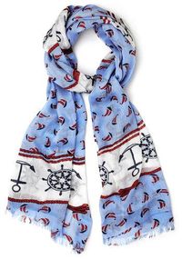 Anchors away scarf No matter how many amazing accessories you have, your spring wardrobe isn’t complete without this nautical scarf! With its periwinkle-blue hue, soft sheer construction, and tiny sailboat print, this anchor-adorned, lightweight scarf hangs atop a navy striped sheath and red canvas loafers for smooth style sailing!