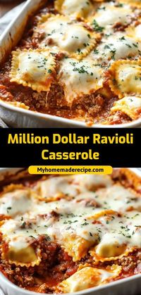 This Million Dollar Ravioli Casserole recipe is a rich, cheesy pasta bake layered with ravioli, marinara sauce, and creamy cheese. Ingredients: 1 lb frozen ravioli 2 cups marinara sauce 1/2 cup ricotta cheese 1 cup shredded mozzarella cheese A creamy and indulgent casserole that’s perfect for pasta lovers