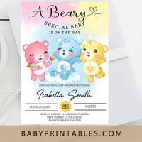 Joyful Teddy Bears baby shower invites to celebrate the mother to be and her upcoming baby. This invitation features the cutest care bear characters such as Bed Time B, Fun Bear and Lovealot Bear against a pastel backdrop of blue, pink and yellow. The teddy bear baby shower invitations are perfect for a boy, girl or agender neutral themed celebration!