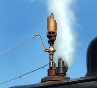 A train whistle, also known as an air whistle or steam trumpet, is an audible signaling device on a steam locomotive used to warn that the engine is approaching and to communicate with rail workers.  Whistles are necessary on locomotives because of their susceptibility to collision, due to their size and movement on fixed rails.  Steam whistles were often activated by a pull cord or lever permitting some form of expression, and it was usually evident by the sound who was operating the engine.