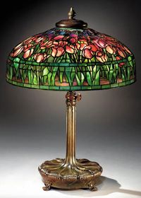 Tiffany Studios, New York, Favrile Leaded Glass and Patinated Bronze "Tulip" Lamp.