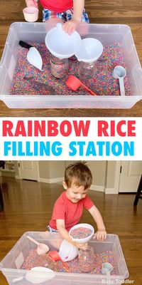 Make a rainbow rice sensory bin for toddlers and preschoolers - a quick & easy activity from Busy Toddler.