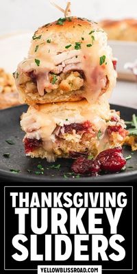 These Turkey Sliders are a perfect way to use up all those Thanksgiving leftovers. Grab some Hawaiian rolls and layer them with leftover turkey, stuffing, cranberry sauce, and smokey cheese and serve with gravy for dipping.