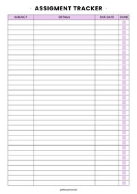 Keep track of your assignments and due dates with this printable assigment tracker! // Keywords: Assignment Tracker. Printable Planner. To-Do List. Student Planner. Schoolwork Organizer. Homework Tracker. Class Schedule. Study Planner. Academic Planner. Time Management. Productivity. Organization. Back To School. Student Essentials. College Supplies. Planner template. Printable planner. Monthly calendar. Organization. Productivity. Goals. Appointments. Time management. To-do list. Notes. Desk planner. Wall planner. Undated planner.