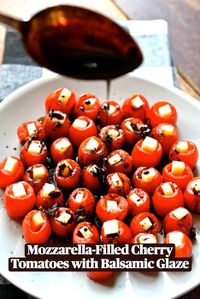 Looking for the perfect appetizer for the holidays? Look no further! Mozzarella-Filled Cherry Tomatoes with Balsamic Glaze will fit perfectly on your party menu!