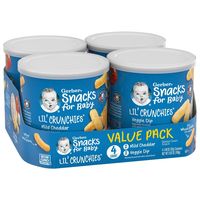 Gerber Lil Crunchies Mild Cheddar & Veggie Dip Baked Corn Baby Snacks have an ideal texture that is easy to chew and swallow. Made for little hands, these cheddar snacks are sized just right for older babies learning to pick up their own food. Each serving includes 2 grams of whole grains for wholesome goodness. These baby food snacks are made with non-GMO ingredients, and they have no artificial colors or flavors. Designed to dissolve quickly, these snacks are perfectly suited to help your craw