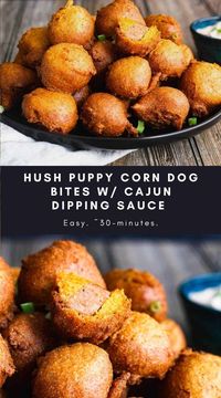 These unique hush puppy corn dog bites are a fun appetizer to share with a crowd. They're packed full of spices, Andouille sausage, and served up with an amazing Cajun seasoned dipping sauce. #hushpuppycorndog #corndogbites #hushpuppies #cajunappetizer #mardigrasrecipe