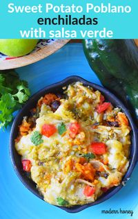 Sweet Potato Poblano Enchiladas. Vegetarian enchiladas with black beans, sweet potato, and poblano peppers topped with salsa verde and Mexican cheeses. A healthy comfort meal. www.modernhoney.com