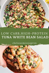 We’re totally hooked on this Tuna-White Bean Salad with sun-dried herby tomatoes, fresh Italian parsley, creamy white beans, tangy red onions, olive-oil-packed tuna, and a zippy vinaigrette! #dinner #best #quick #easy #simple #lowcarb #highprotein #tunawhitebean #salad