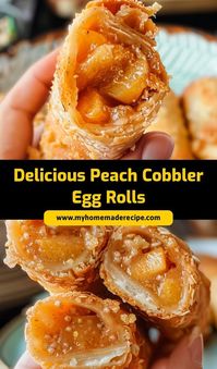 These Peach Cobbler Egg Rolls are a fun twist on the classic dessert! Crispy egg roll wrappers filled with sweet peach cobbler filling make for an irresistible treat.