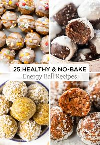 Here's 25 healthy & no bake Energy Balls recipes! We've got delicious flavors like chocolate, peanut butter, carrot cake, cherry, pumpkin and MORE! Easy to make, gluten-free, and made with healthy ingredients like oatmeal, dates, cinnamon, banana or more! #energyballrecipes #energybites #nobakenergybite