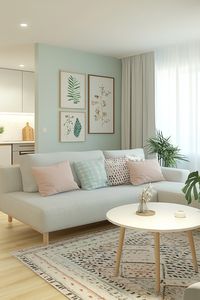 Discover the perfect blend of comfort and style with this modern living room decor. Featuring a pastel color palette, cozy cushions, and chic botanical wall art, it's designed to create a relaxing ambiance. #LivingRoomDecor #HomeInspiration #ModernDesign