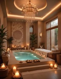 Luxury Spa Retreat: A detailed, vibrant scene of a luxury spa interior, with intricate details in the decor, soft lighting, and serene ambiance, creating a professional and relaxing atmosphere.