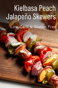 Easy, elegant and flavorful recipe for your next cook out.Using some organic kielbasa, peaches and jalapeño. Topped with blue cheese.