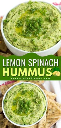 Here's one of the best summer recipes to make! This Lemon Spinach Hummus is packed with green goodness! Serve with homemade baked seasoned pita chips to enjoy this summer appetizer!