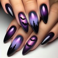 A mysterious design featuring a gradient base that transitions from deep purple at the cuticle to pitch black at the tips. The gradient is enhanced with a glossy finish, giving the nails a luminous quality. Accent nails are embellished with tiny bat silhouettes in matte black, creating the impression of a vampire prowling the night.