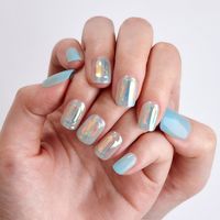 Medium length, square shape, glossy finish press-on gel nails. A Korean-beauty inspired manicure with the 'glass nails' trend accent.