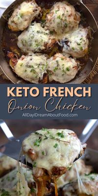 Succulent pan-seared chicken thighs smothered in caramelized onions and Gruyere cheese. This French Onion Chicken recipe take the classic soup and turns it into a satisfying keto meal!