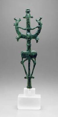 Finial with Janeiform human figure, monsters, and cock's head, 8th or 7th century BCE Luristan, Iranian Cast bronze, lost wax process Overall: 7 1/2 × 2 7/8 × 3/4 inches (19.1 × 7.3 × 1.9 cm) Gift of Lloyd E. and Jeanne Raport 1991.1109