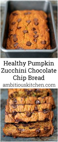 A delicious and moist low fat healthy pumpkin bread with zucchini and chocolate chips! This is amazing!