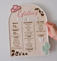 Yeeehaaaaw - unleash the inner Cowgirl with our 100% handmade 🐴 Cowgirl First Rodeo Milestone Board. Crafted with love for your little one's special day! 🥳🎈 Customise with your info, for the perfect personalised finishing touch👌 The perfect addition to any of our Cowgirl First Rodeo items in seperate listings. Please search our store for "Cowgirl" to see the full range :) ** Please enter all details as required in the personalising section, or if you would prefer, happy for you to message be