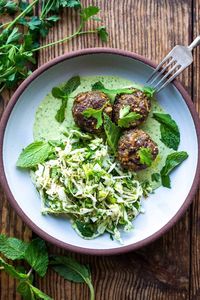 Zaatar Meatballs with Green Tahini Sauce can be made with ground turkey, chicken, lamb or beef. A quick, low-carb meal that is full of flavor. #meatballs #zaatar