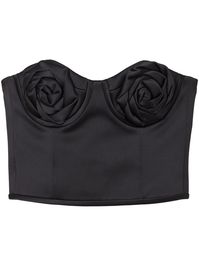 black satin finish balconette style rose detailing rear hook and eye fastening boned bodice strapless cropped