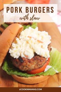 These grilled pork burgers are easy to make, mouthwateringly juicy, and full of awesome flavor punched up with smoky bacon. Topped off with tangy coleslaw, they’re the perfect dinner for busy weeknights and lazy weekends. Summer barbecuing never tasted so good! #porkburgers #groundporkburgersrecipe