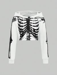 Women's Skeleton Graphic Hoodie Sweatshirt White   Long Sleeve Fabric Halloween Zip Up Slight Stretch  Women Clothing, size features are:Bust: ,Length: ,Sleeve Length: