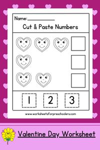 This free printable cut and paste math worksheet with little hearts is a fun activity for preschoolers learning to count, recognize numbers, and using scissors. Download now and add our preschool Valentine math activity sheet to your preschool Valentine Day lesson plan list of math activities.