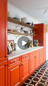 Dominy Irving on Instagram: "We did a budget kitchen makeover to make the kitchen more to our taste, aside from the big changes like painting the cabinets, vinyl wrapping the countertops, changing the floor etc these are some of the smaller details I love in here 🍊 ⁣ An orange kitchen definitely comes into its own when the sun hits it so I’ll just be sitting here waiting patiently for the sun to come back out again… 😒⁣ ⁣ ⁣ #kitcheninspo #orangekitchen #budgetkitchen #colourfulhome #kitchenmakeover"