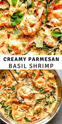 This Creamy Parmesan Basil Shrimp is a restaurant quality dish you can make at home! Creamy luscious sauce envelops plump shrimp, perfect for serving over pasta, or make it keto and serve with spaghetti squash instead!