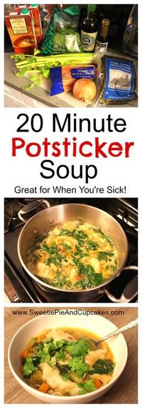 This potsticker soup is easy to make and packed full of nutrition. If you are looking for a soup for your family that rivals your favorite Chinese restaurant wonton soup, then you've come to the right place! A great soup for when you are sick! This potsticker soup freezes well and can even be made vegetarian style. Get the recipe at SweetiePieAndCupcakes.com!