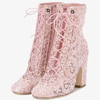 Step into chic elegance with our Pink Lace Square Toe Block Heel Tie-up Booties for Women. These trendy boots blend feminine charm with a fashion-forward edge. Elevate your style today! Handcrafted US sizing. Fits true to size. Heel height: 3" / 80 mm approx Product measurements were taken using size 8. Please note that measurements may vary by size. Chic and elegant pink lace design. Square toe for a modern and stylish look. Comfortable block heel for all-day wear Trendy tie-up closure. Perfect for adding a touch of sophistication to your outfit.