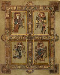 Four Evanglists in Book of Kells - Matthew(Human = humanity), Mark (Lion=resurrection), Luke (Ox=sacrifice), and John (Eagle=spirit).