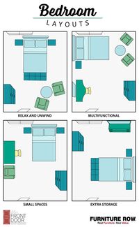 This Bedroom Layout Guide has four bedroom layouts to show how to arrange your bedroom furniture. Maximize relaxation, storage, and small spaces in style!