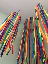 Have you ever wanted to have a rainbow hanging in your room? Now you can have three! Rainbow ribbons wave and spin in the breeze. Hangers are 9”, 6”, and 3” in diameter. All three hang evenly (between 34” and 38” from ceiling). Primary color rainbow hangers will be sent if ordered through this