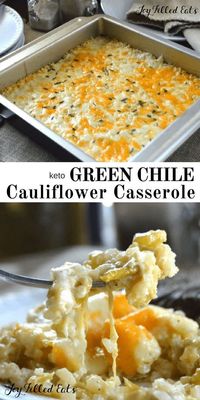 Green Chile Cauliflower Casserole - Cauliflower Rice Bake - Low Carb, Keto, Gluten-Free, Grain-Free, THM S - This easy side is a low carb remake of an old favorite. Creamy, cheesy & packed with green chile flavor - Texas comfort food at its best! #lowcarb #lowcarbrecipes #lowcarbdiet #keto #ketorecipes #ketodiet #thm #trimhealthymama #glutenfree #grainfree #glutenfreerecipes #recipes