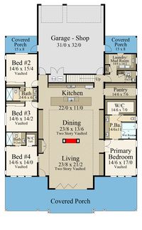 A seismic shift in home design and construction is the impetus for this luxury barndominium-style house plan. The primary advantage of this type of design is the simple shape and efficient material use. This design has an incredible floor plan with no wasted space or hallways to eat up your construction budget.  Inside, discover the  2-story vaulted beamed truss living and dining room spaces with see through fireplace and built in cabinetry. The soaring ceiling makes it possible for th