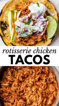 Say hello to the easiest dinner recipe: Rotisserie Chicken Tacos! Simply buy a pre-cooked rotisserie chicken, then dress it up with some seasonings and a simple cilantro-lime cabbage slaw for an tasty weeknight meal. 