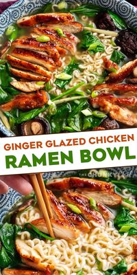 This Ginger Glazed Chicken Ramen recipe is ready in less than an hour, and tastes like you spent hours slaving over it!  Rich broth, sweet and savory chicken, and classic noodles... perfect Asian-style comfort food! #ramen #ramenrecipe #chicken #asian #easyrecipe #weeknightrecipe #ramennoodles