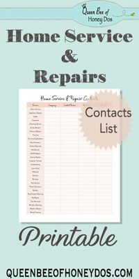 Home Service and Repairs' Printable - Keep and track your favorite repair men, home improvement contractors, and service crew. Perfect addition to your home management or housekeeping binder.