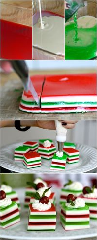 Holly Jolly Jelly Shots - my mother makes these every year (non-alcoholic) and they're not only delicious, but so cute!