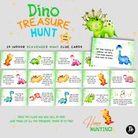 Looking for a fun Dinosaur activity for your kids? Here are 15 Scavenger Hunt clue cards for your little ones to solve as they embark upon an indoor treasure hunt. Perfect for individual and group activity. Just download, print, cut, hide and play! Included in your purchase: 3 PDF Files (A4 and US letter size) - 15 Dino Treasure Hunt clues (3 per page) - Instructons for Parents (or grandparents, aunts or uncles hosting the Hunt in their home) - Some blank Dino clue cards to handwrite your very o