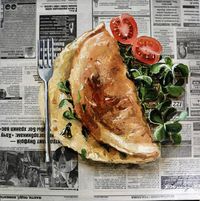 Original Art Canvas/Varnish/Oil/Newspaper Painting, measuring: 40.6W x 40.6H x 2.5D cm, by: Juli Stankevych (Ukraine). Styles: Photorealism, Realism, Art Deco, Conceptual, Pop Art. Subject: Food. Keywords: Food, Eggs, Newspaper Art, Breakfast, Food Art, Omelette, Food Painting, Egg Painting, Kitchen Art, Newspaper, Fried Egg. This Canvas/Varnish/Oil/Newspaper Painting is one of a kind and once sold will no longer be available to purchase. Buy art at Saatchi Art.