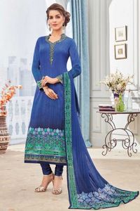 Awesome Crepe And Satin Churidar Suit With Dupatta In Blue - DMV15112