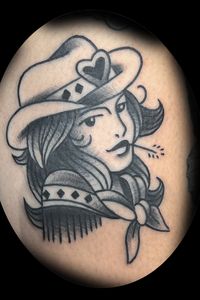 American Traditional cowgirl in black and grey